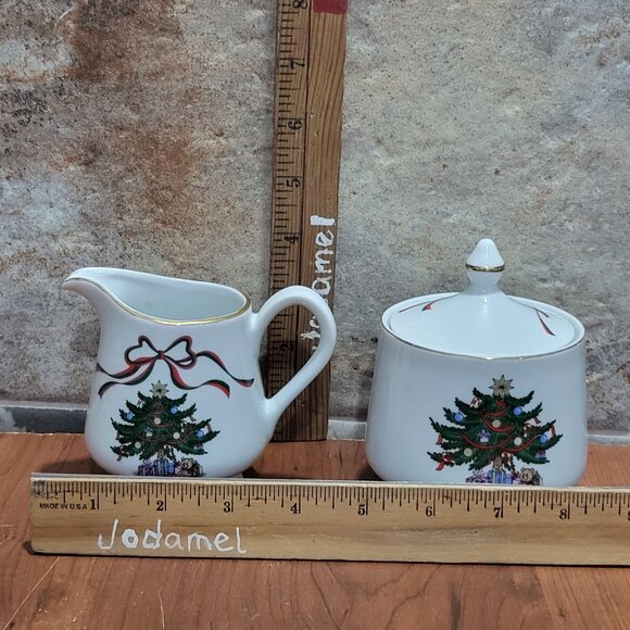 Christmas Tree & Ribbon Covered Sugar Bowl & Creamer Japan - Picture 10 of 13